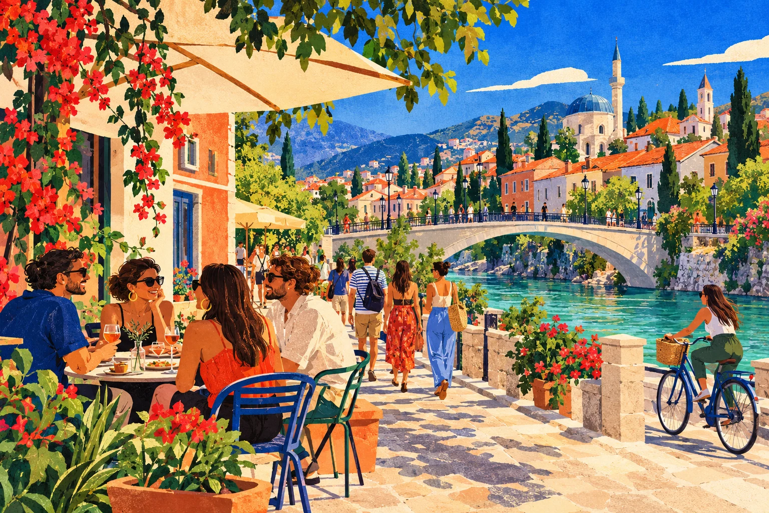 A colourful neighbourhood illustration with a cafe, cyclists and friends beside a river